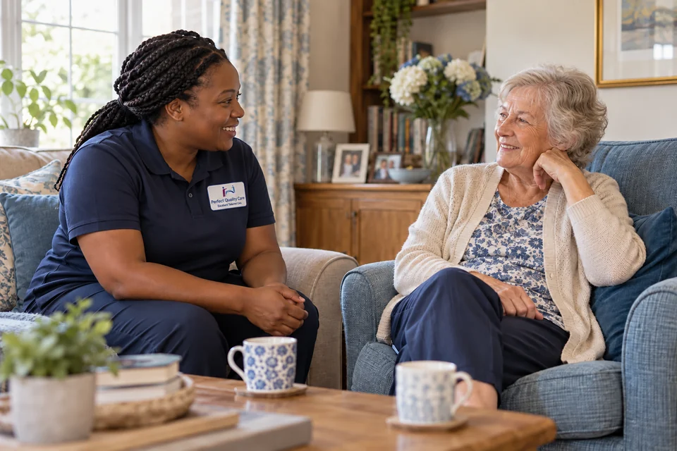 Perfect Quality Care support worker speaking with an older woman at home